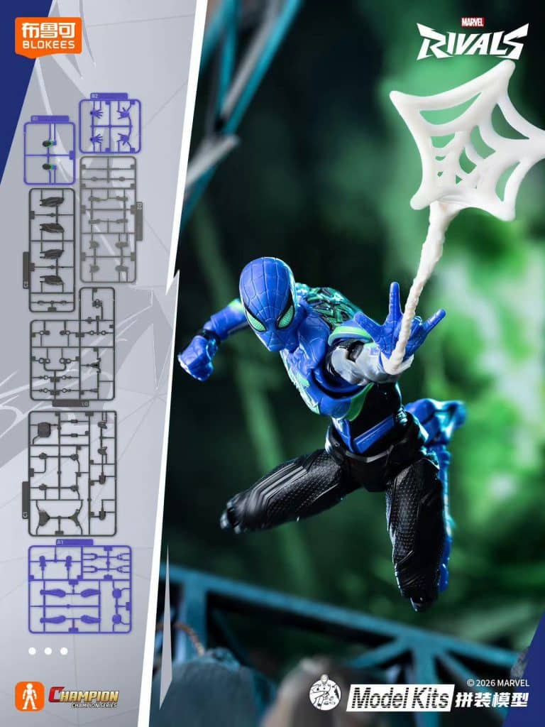 A detailed action figure of a superhero in a blue and black costume, posing dynamically while shooting a web. The background features a blurred, green landscape, enhancing the dramatic effect.