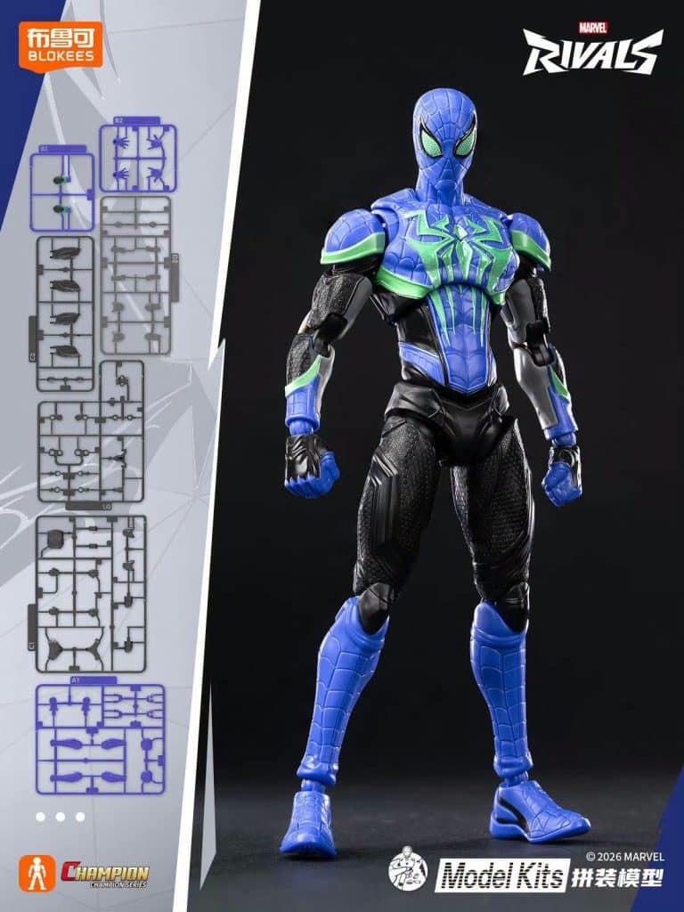 A detailed action figure of a Spider-Man variant in blue and black costume, showcasing a dynamic pose and intricate design.