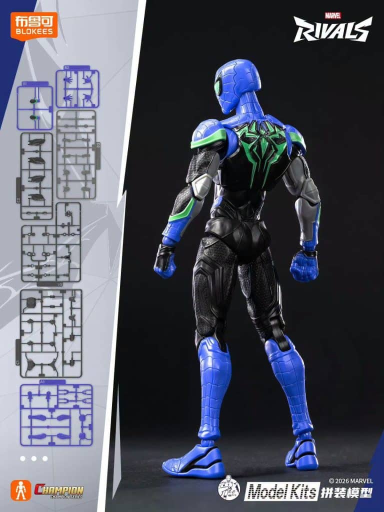 A toy figure of a superhero character with a blue and black suit, showcasing intricate detailing and a unique design, displayed from the back against a dark background.