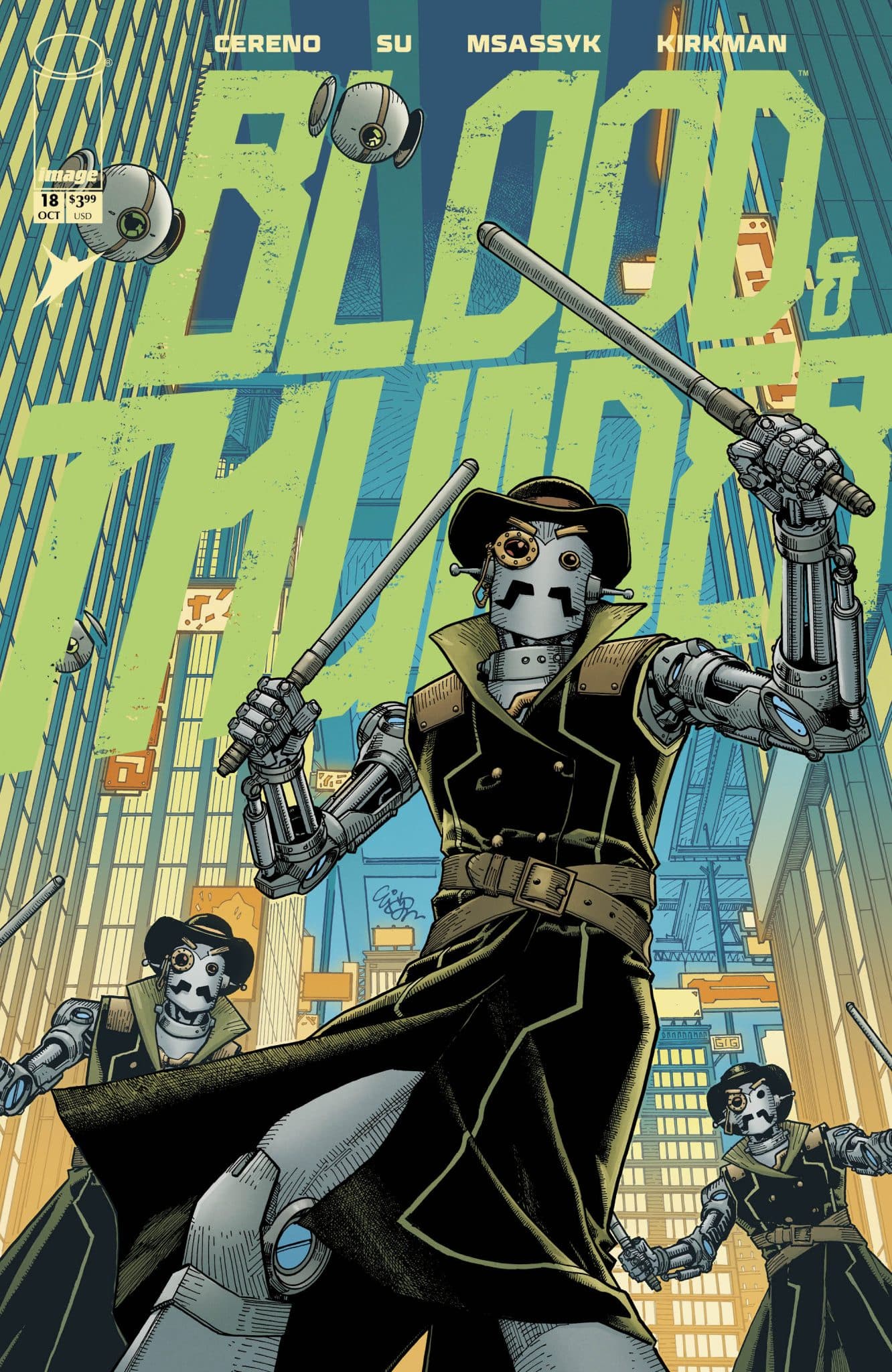 Comic book cover titled 'BLOOD & THUNDER' featuring robotic characters in stylish clothing, holding weapons, against a backdrop of skyscrapers.