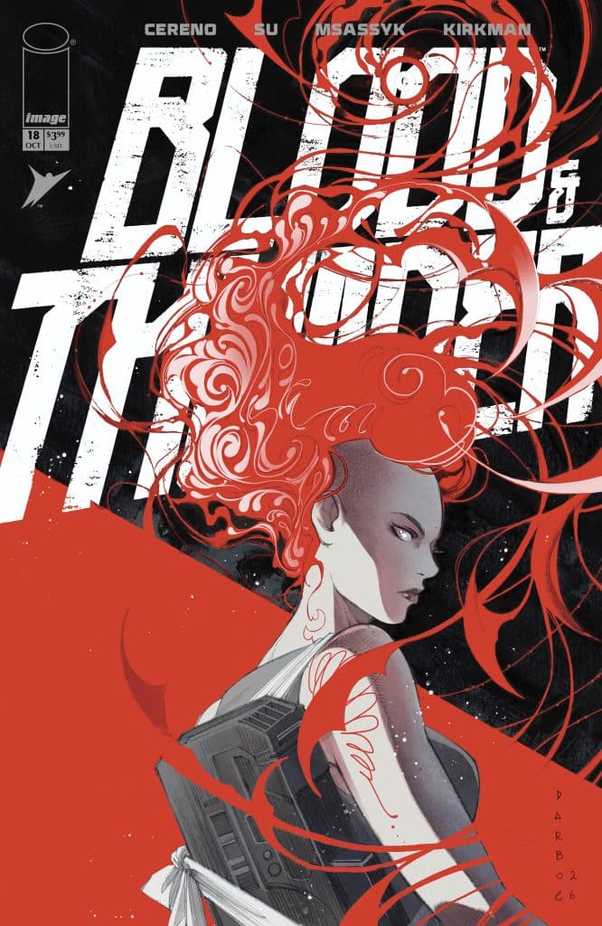 Cover art for 'Blood and Thunder' featuring a stylized female character with vibrant red hair against a dark background, holding a futuristic weapon.