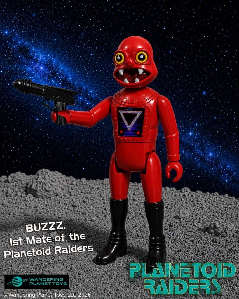 A red action figure named Buzzzz, 1st Mate of the Planetoid Raiders, holding a gun against a starry outer space background.