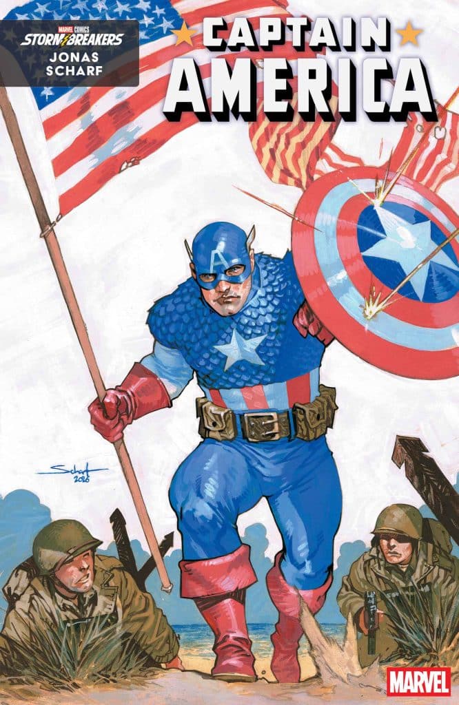Cover illustration featuring Captain America in a dynamic pose, wearing his iconic costume and holding a shield, with American flags in the background.