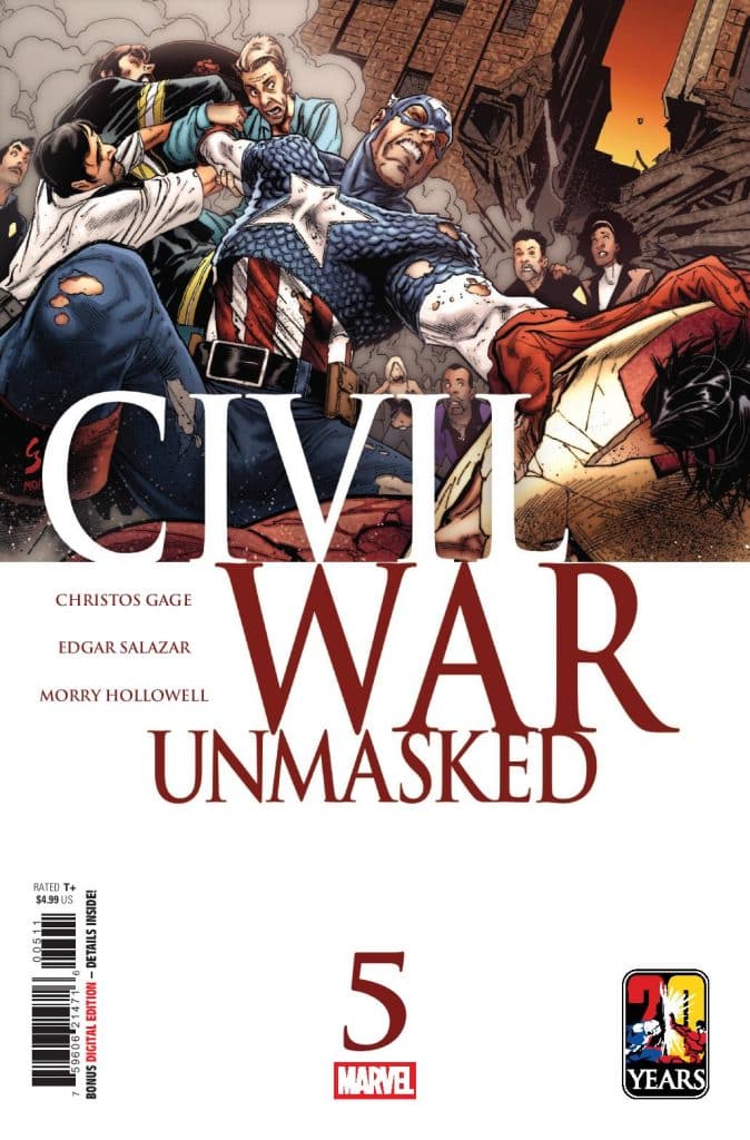Cover of 'Civil War Unmasked #5' featuring Captain America in a dramatic scene, engaged in a confrontation with multiple characters amidst a cityscape backdrop.