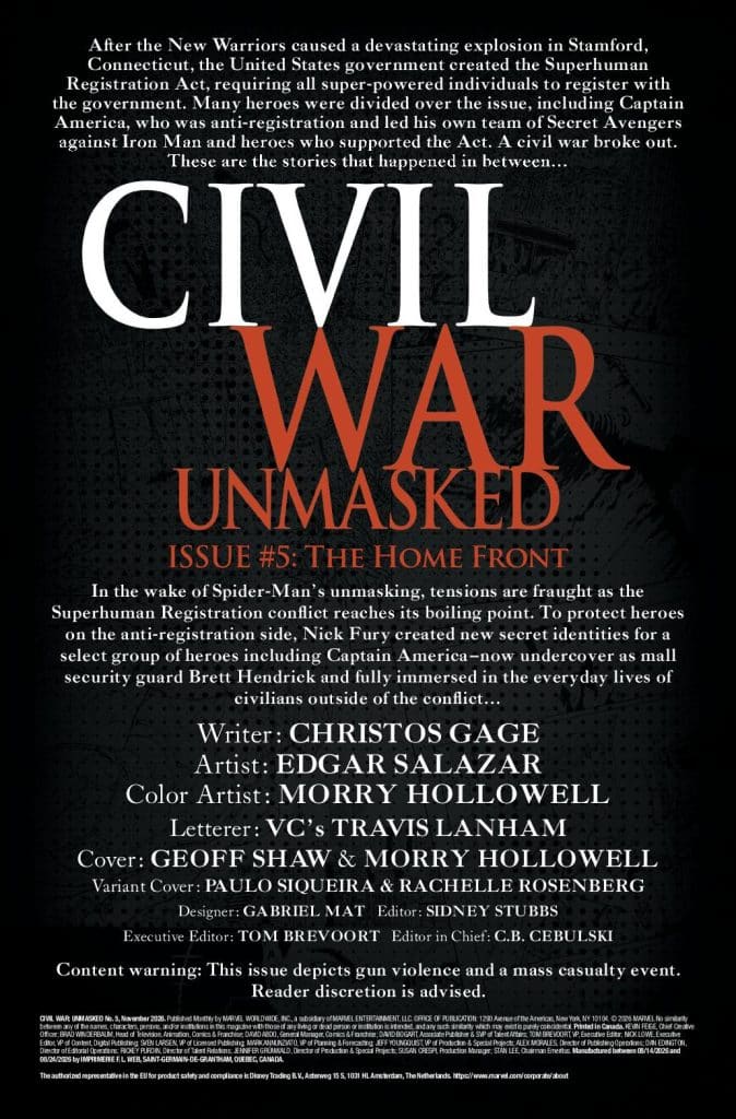 Cover of 'Civil War Unmasked Issue #5: The Home Front', featuring a summary of the plot surrounding the Superhuman Registration Act and its impact on superheroes, with credits for writer, artist, and other contributors.
