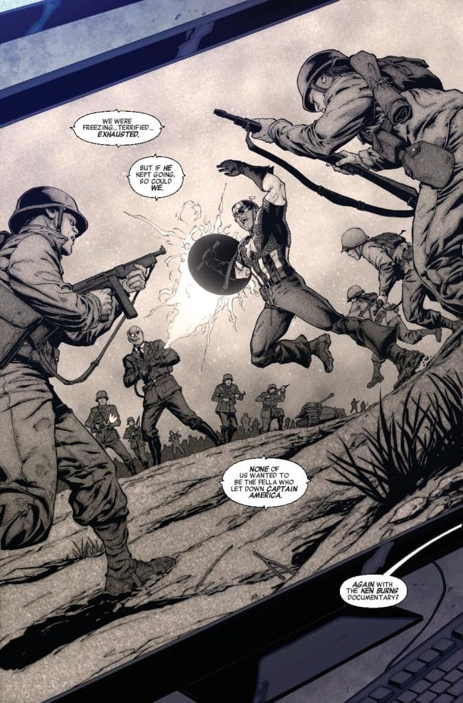 A comic book scene depicting a fierce confrontation between soldiers and Captain America, who is standing defiantly amidst chaos. Background shows soldiers with weapons in a tense setting, conveying themes of bravery and determination.