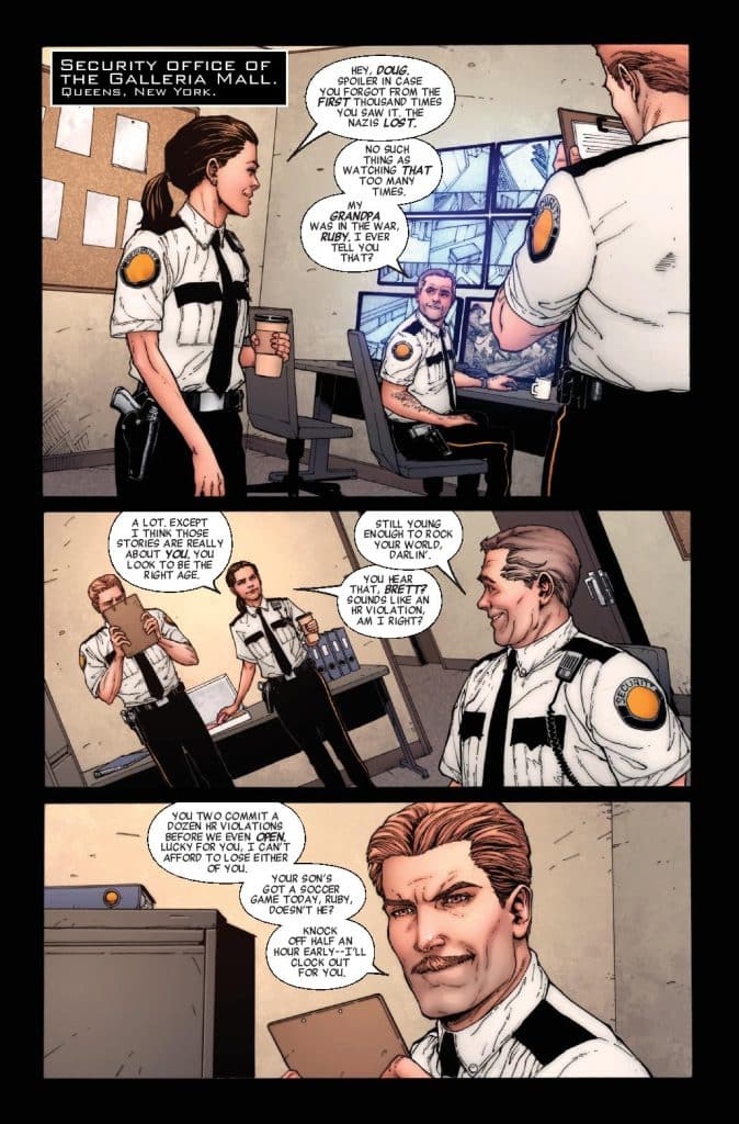 Comic panel depicting a conversation in the security office of the Galleria Mall in Queens, New York. Two security personnel, one male and one female, engage in light-hearted banter while a third male officer sits at a desk, smiling. The scene captures a casual interaction among colleagues.
