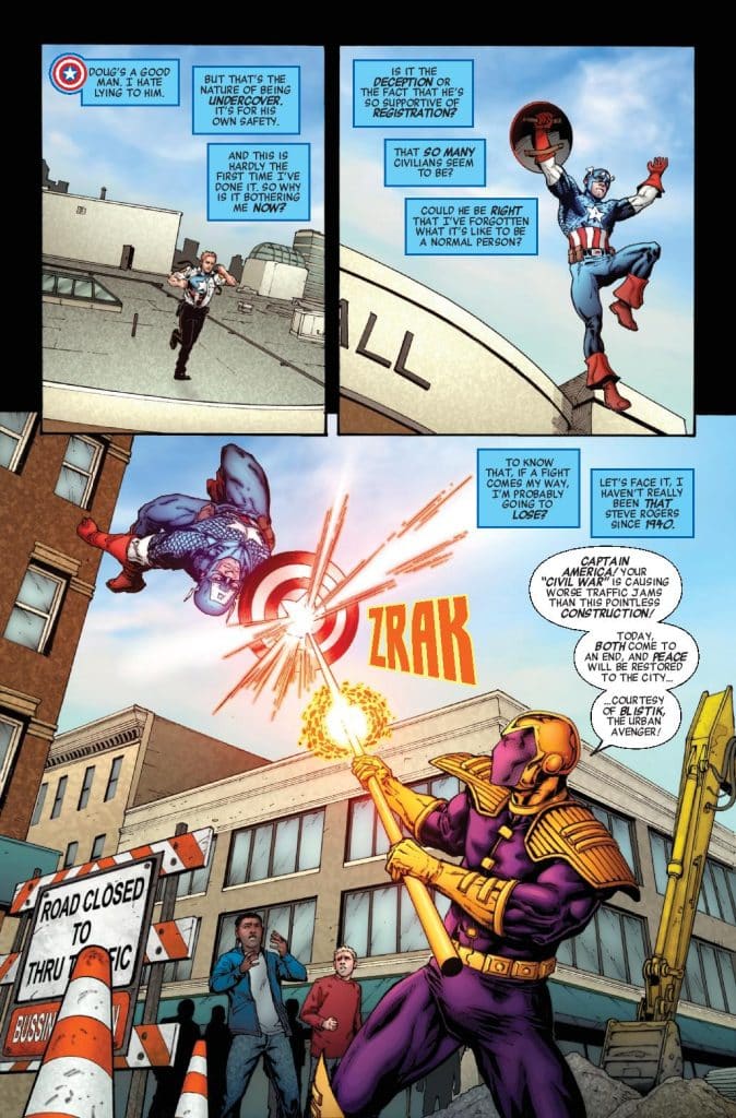 A comic book scene showing a confrontation between characters, with Captain America flying through the air and a purple armored villain aiming a weapon, causing chaos in a city setting with pedestrians observing.