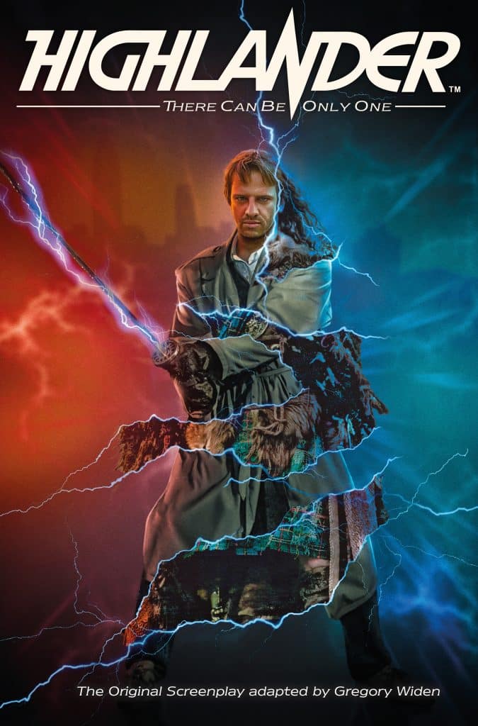 A dramatic poster for the film 'Highlander' featuring a man in a trench coat standing with a sword, surrounded by lightning and contrasting colors of blue and red.