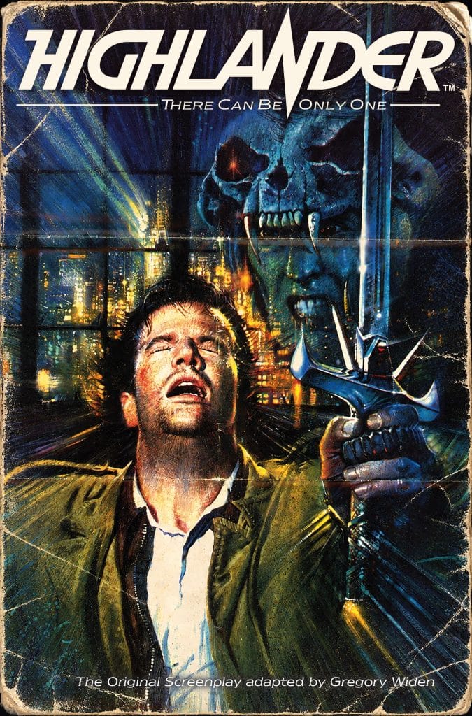 A dramatic illustration for the film 'Highlander', featuring a man with a distressed expression and a sword, standing in an urban setting with a ghostly skull figure looming behind him.