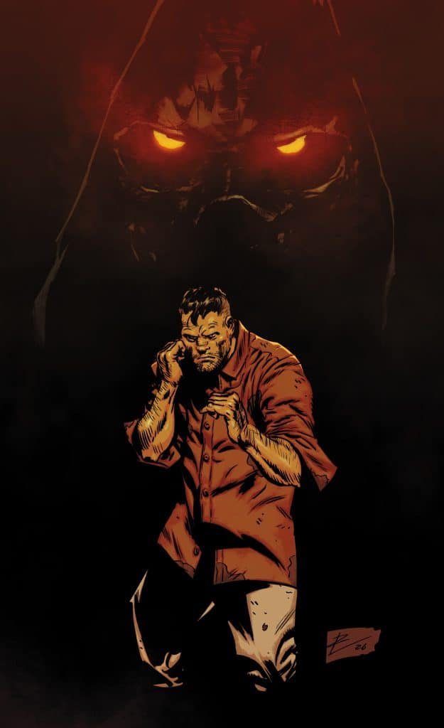 A dramatic illustration of a muscular man in a torn shirt, kneeling and looking distressed, with a dark figure looming ominously behind him, featuring glowing orange eyes.