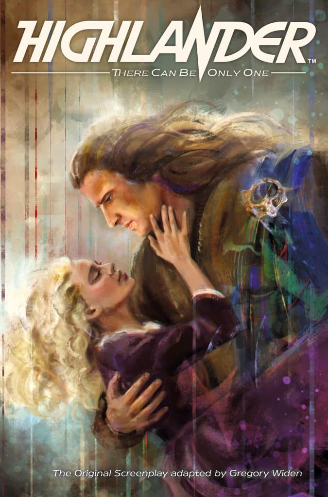Cover art for 'Highlander: The Original Screenplay' featuring a dramatic illustration of a man with long hair embracing a woman with blonde hair, set against abstract colorful backgrounds.