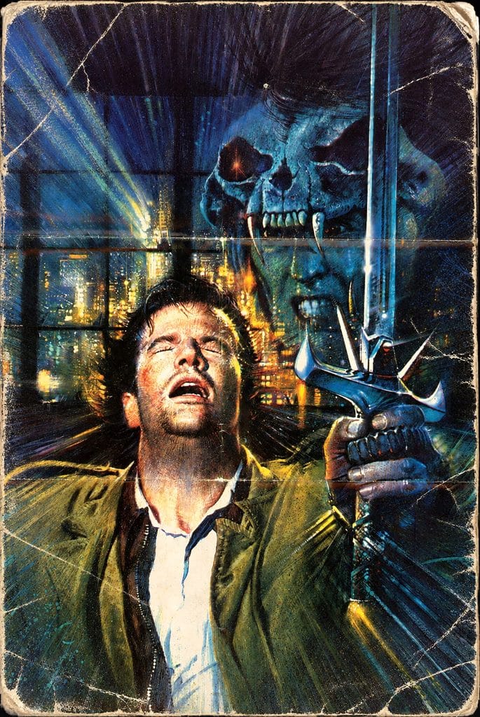 A distressed man in a coat, holding a sword, stands in a dimly lit room with a city skyline visible through the window. A ghostly skull figure looms behind him, illuminated by blue light.