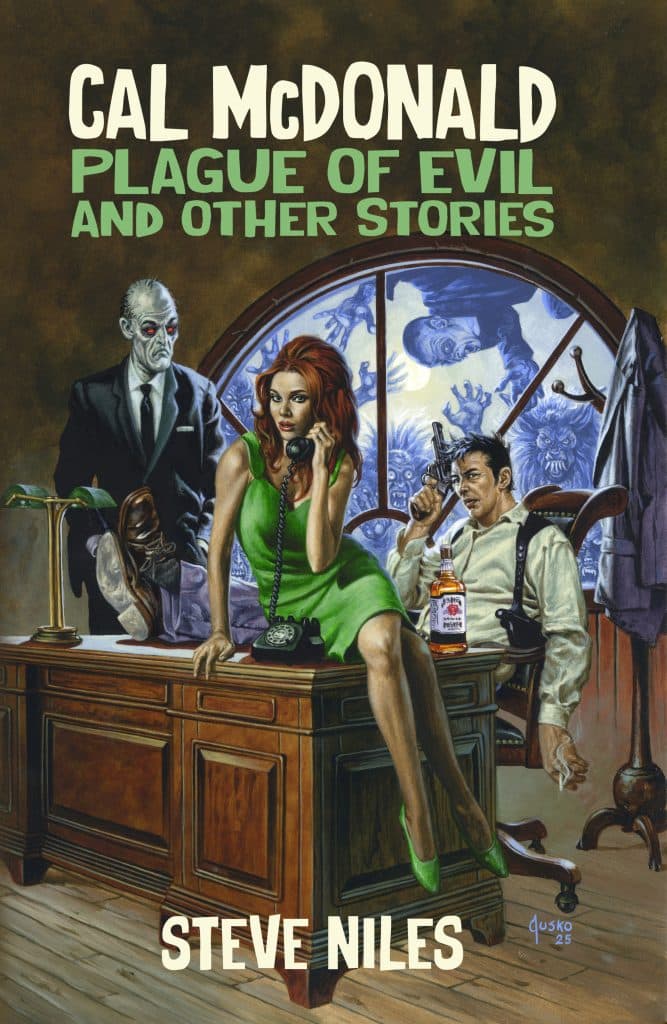 Book cover illustration featuring a woman in a green dress sitting on a desk with a vintage telephone, a man in a suit standing beside her, and another man in casual attire seated, holding a bottle. The background shows eerie figures visible through a window.