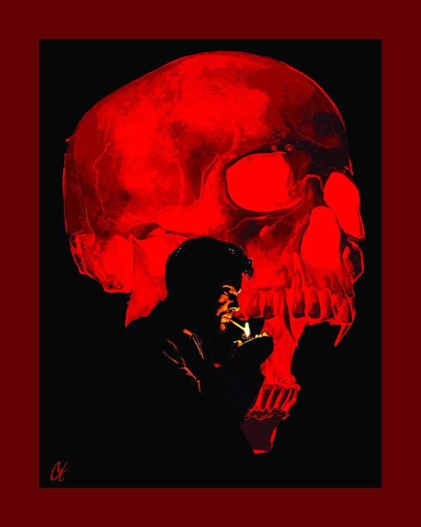 A silhouette of a man lighting a cigarette in front of a large, intensely red skull illustration against a dark background.