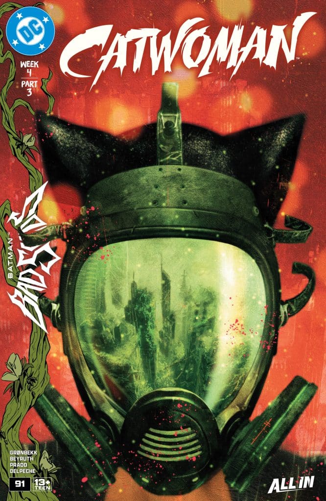 Cover of 'Catwoman' comic featuring a character in a gas mask with cat ears, set against a vibrant red background.
