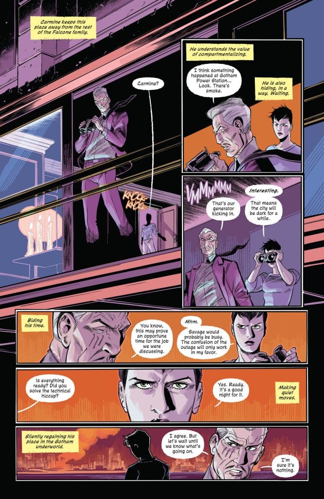 A digital comic panel featuring characters engaged in a conversation about a situation at Gotham Power Station. One character, dressed in purple, is seen with a smartphone, while another character with short hair observes with binoculars. The scene includes a smoky backdrop, suggesting an urgent or tense atmosphere.