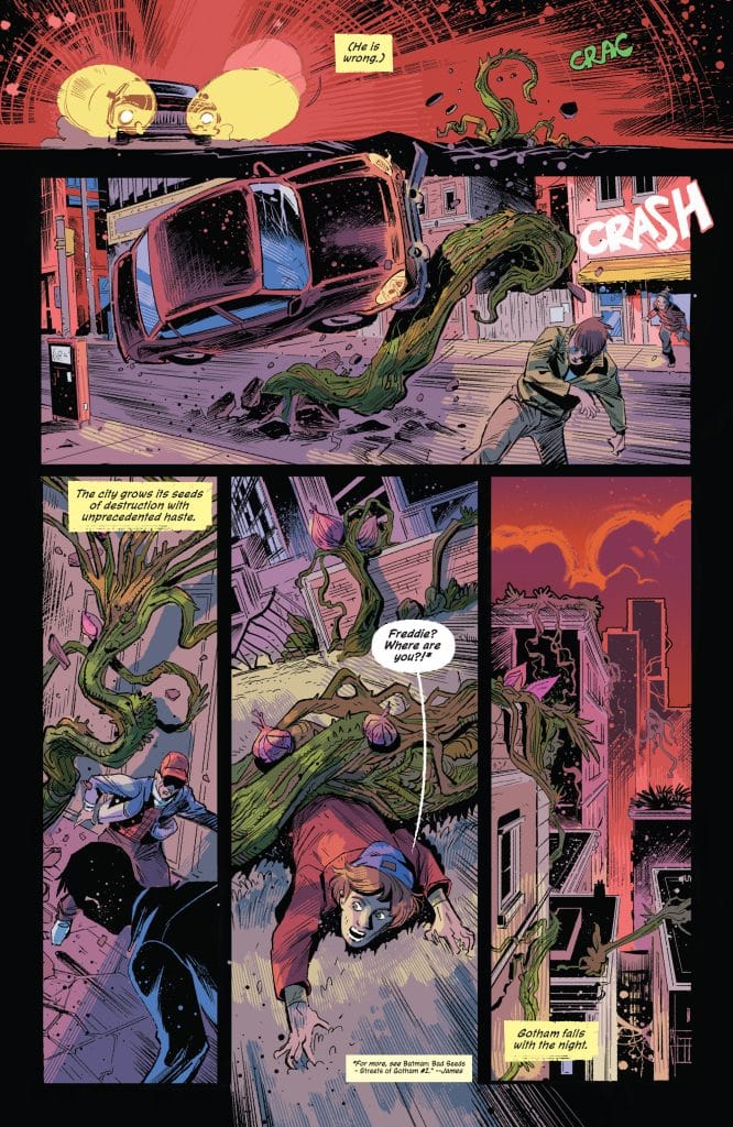 A comic book panel showing chaos in a city as a car is lifted by a massive vine-like creature. Characters are depicted in distress, with one calling for someone named Freddie. The atmosphere conveys a sense of impending doom.