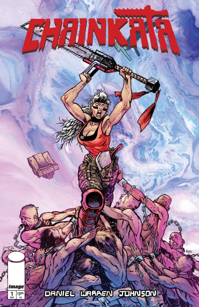 Comic book cover for 'Chainkāta' featuring a fierce female character wielding a chainsaw and standing triumphantly over chained figures below her. The title is prominently displayed at the top.