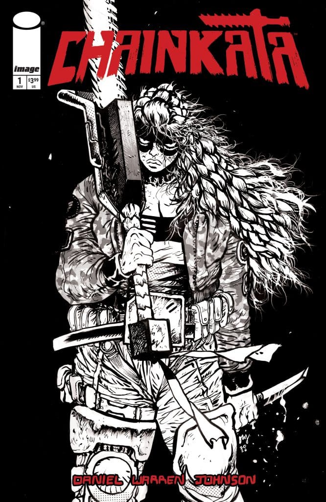 Cover of the comic 'Chainkanta,' featuring a character with long hair holding a large sword, dressed in tactical gear against a black background.