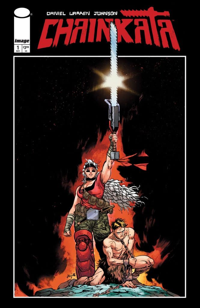 Comic book cover of 'Chainkāta' featuring a strong female character raising a futuristic chainsaw sword, with a male character kneeling beside her against a fiery background.