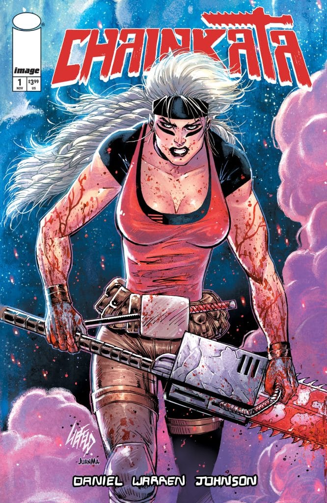 Comic book cover featuring a fierce female character with white hair and a headband, covered in blood, holding a chainsaw. The background includes clouds and a space theme, with the title 'CHAINSAWATA' prominently displayed at the top.