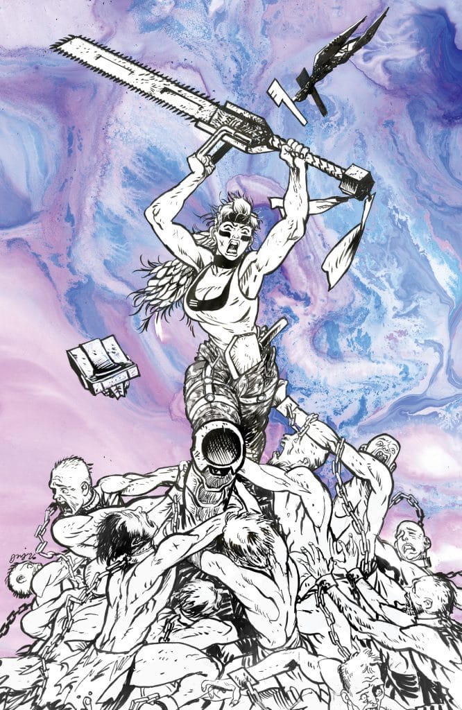 A dynamic illustration featuring a powerful female character wielding a chainsaw, triumphantly standing atop a pile of struggling figures. The background displays a swirling, colorful abstract pattern, adding a dramatic flair to the scene.