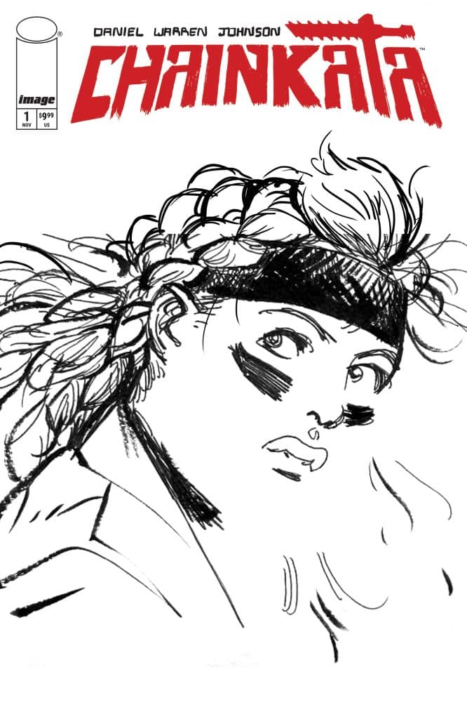 Cover art of the comic book 'Chainkāta', featuring a stylized illustration of a character with a headband and dramatic hair, facing sideways with an intense expression.