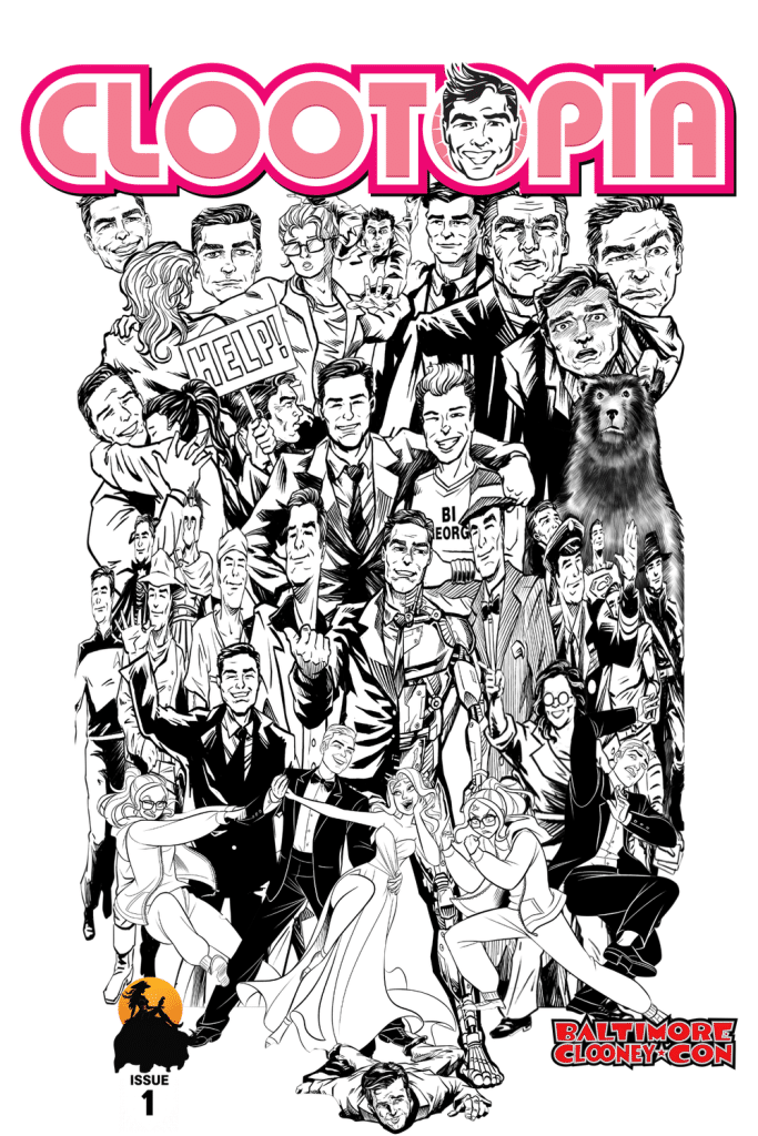 Comic book cover featuring various cartoon characters in black and white, with the title 'Clootopia' at the top and 'Issue 1' and 'Baltimore Clooney Con' at the bottom.