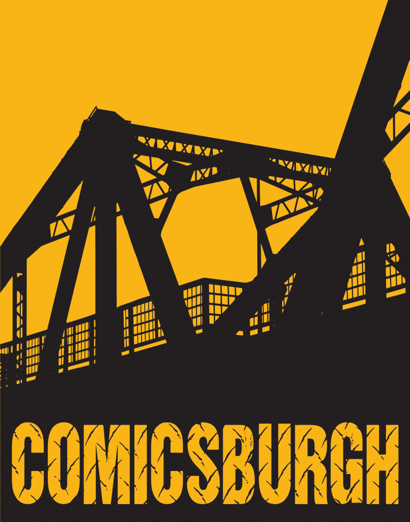 Silhouette of a bridge against a bright yellow background with the word 'COMICSBURGH' in bold black lettering at the bottom.