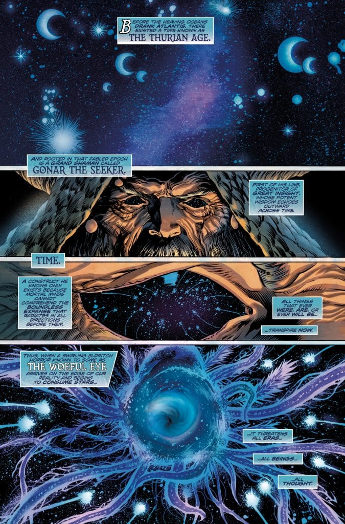 A cosmic scene depicting the Thuran Age with a starry background and celestial bodies. The narrative features Gonar the Seeker, an ancient shaman, whose wise visage is shown alongside a dark swirling entity known as the Woeful Eye, threatening reality and time.