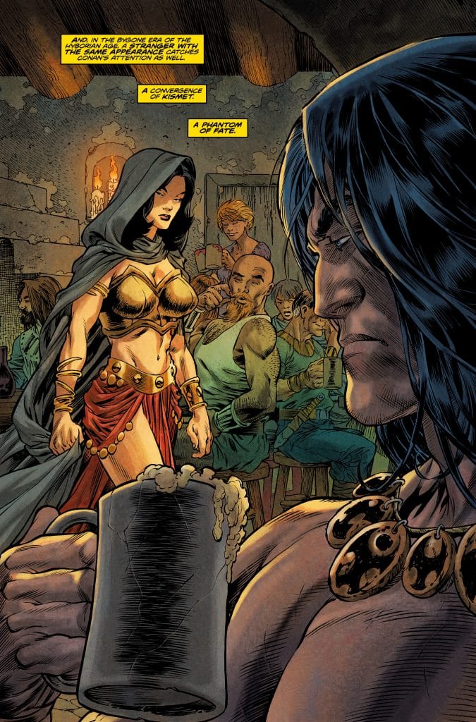 A scene from a comic book featuring Conan, a muscular man holding a mug, gazing at a woman in revealing attire with long dark hair. The background includes various characters in a tavern setting.