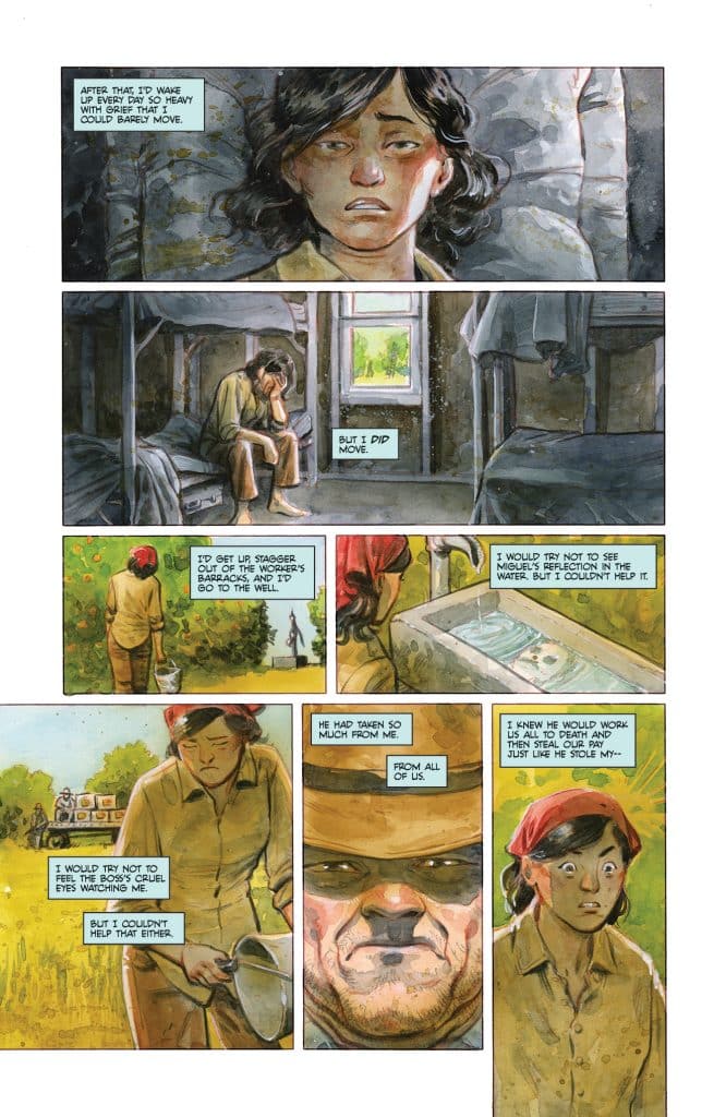 A comic panel featuring a young woman with a worried expression, reflecting on her feelings of grief and frustration. The scene shifts to a man seated with a troubled demeanor, with a window showing a green landscape outside. Another panel depicts the young woman working while avoiding the gaze of a stern-looking man, symbolizing oppression. The art captures emotions of struggle, loss, and the impact of exploitation.