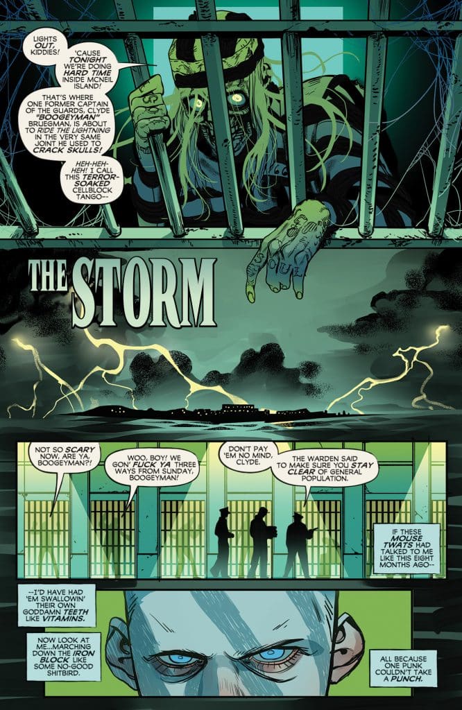 Comic panel depicting a sinister figure in prison bars, illustrated with dramatic lighting and stormy background. The figure, wearing a striped prison outfit and holding a baton, speaks ominously about terror in the prison. Other characters are seen in the background, with a tense atmosphere.