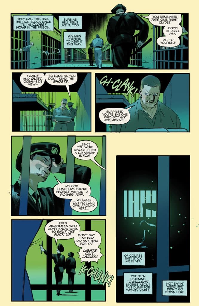 Comic panel depicting a prison setting with characters interacting, discussing the atmosphere and their roles. One character is in a cell while others are outside, expressing frustration and sarcasm. The background features prison bars and a dimly lit environment.