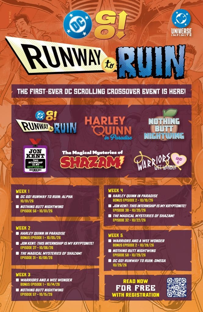 Promotional image for the DC Comics event 'Runway to Ruin', featuring a schedule of weekly episodes from various titles like 'Harley Quinn in Paradise' and 'Shazam'.