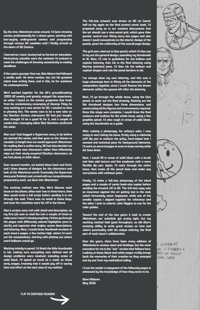 A detailed discussion and reflection on the artistic process behind the creation of the comic book 'Watchmen', including collaboration between artists and writers, techniques for drawing, inking, and layout design.
