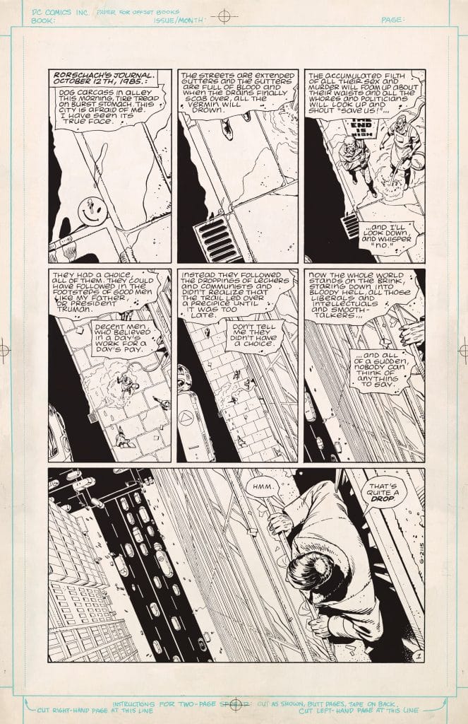 Black and white comic book page featuring multiple panels with dialogue and illustrations, depicting characters interacting in a gritty urban setting, with themes of crime and existential reflection.
