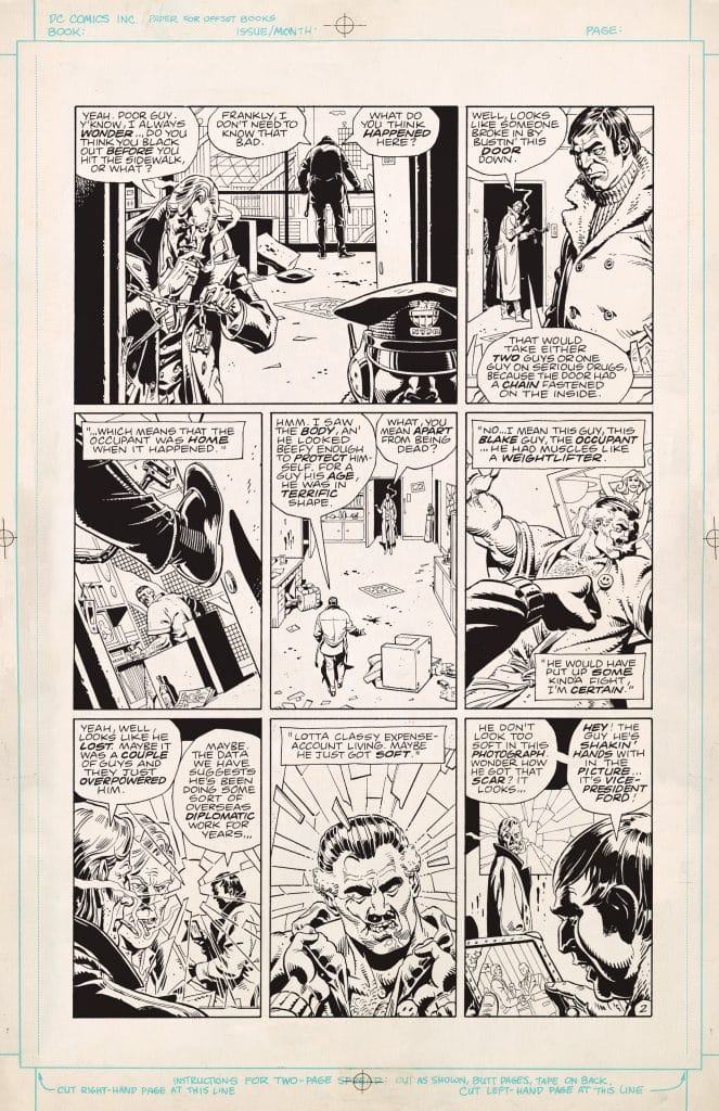 Black and white comic book page featuring several panels with characters discussing a crime scene. One character is holding a cigarette and appears contemplative, while others are engaged in conversation about a dead body. The setting includes indoor elements like a desk and clutter, indicating a detective or investigative theme.