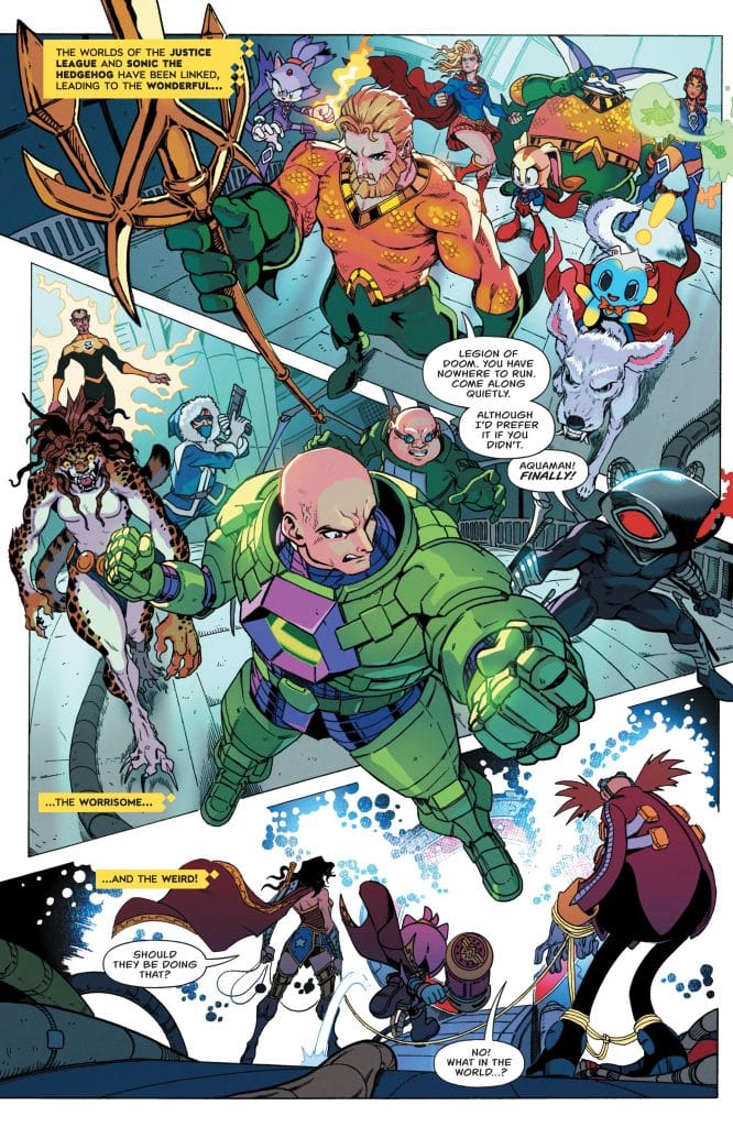 A colorful comic book scene featuring characters from the Justice League and Sonic the Hedgehog universe. The image depicts Aquaman, Lex Luthor in a green suit, and various other superheroes and villainous characters in a dynamic action pose. Speech bubbles display dialogue among the characters, adding to the chaotic and humorous setting.