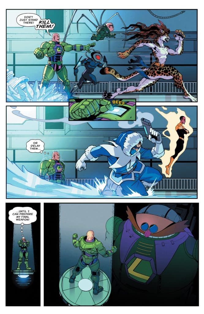 A comic book scene featuring several characters in action, including a muscular green figure commanding others, a humanoid with spider-like features, and a fierce woman with animal traits. The background includes ice and a futuristic setting.