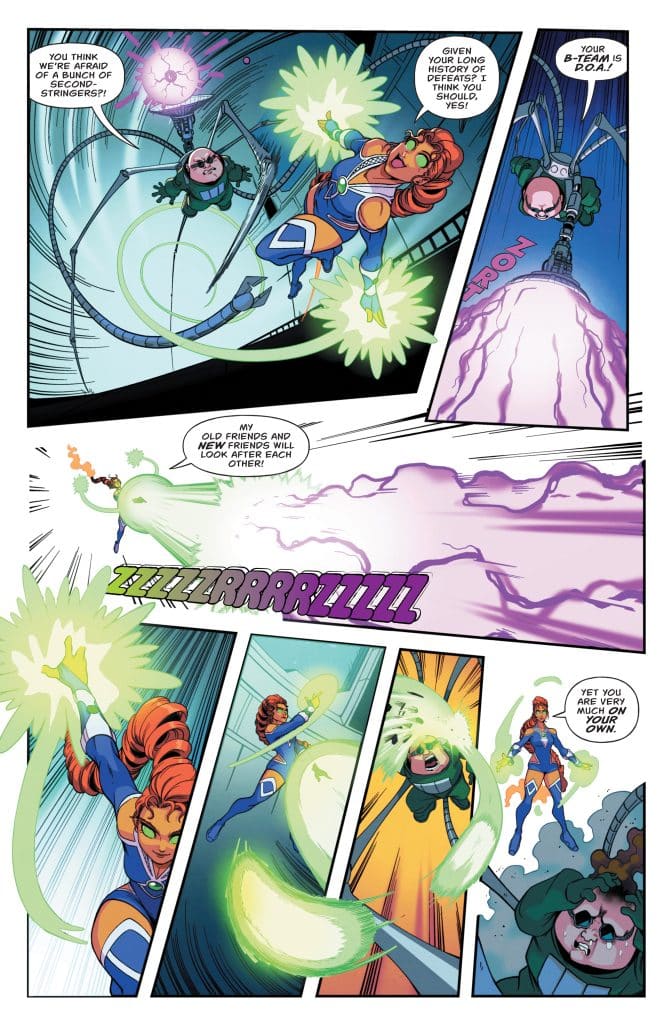 A vibrant comic book panel featuring a female superhero with long red hair and a blue costume, using green energy blasts in a battle. A character with a speech bubble expresses doubt while another character, seemingly less confident, reacts to the situation. Action lines and sound effects enhance the dynamic scene.