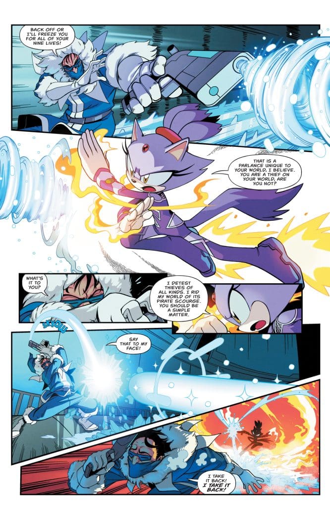 A comic book scene featuring two characters in a confrontation. One character, wearing winter attire and wielding a weapon, threatens the other, a cat-like character who is casting a magical attack. Dialogue reveals a tense exchange about thievery and personal threats.