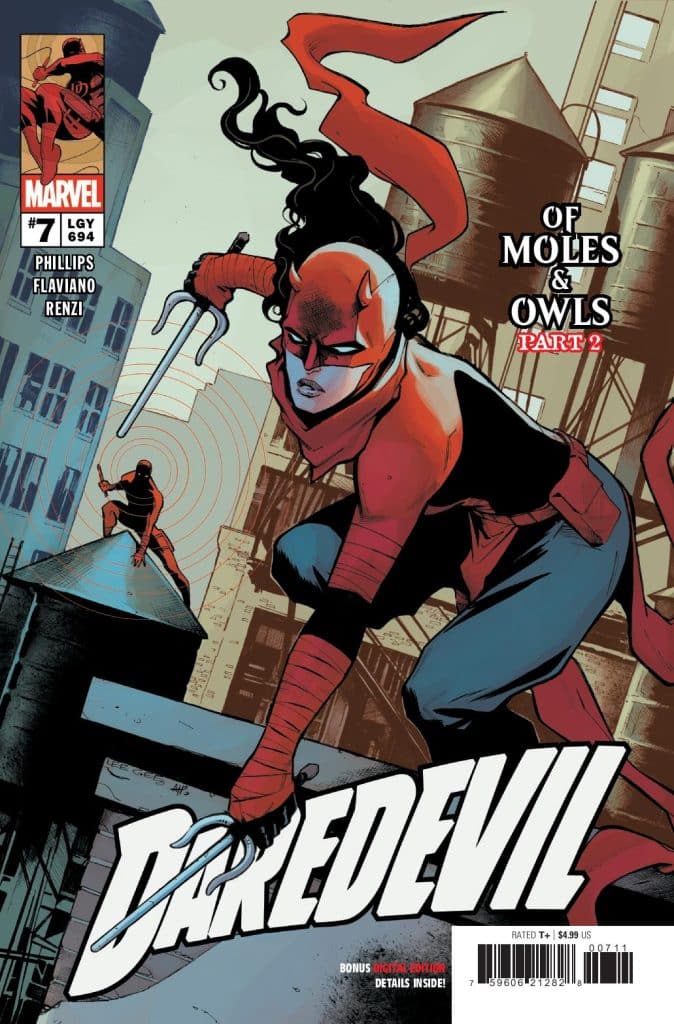 Comic book cover featuring Daredevil, illustrated in a dynamic pose on a rooftop, wearing a red and black costume with dual weapons, showcasing an urban backdrop.
