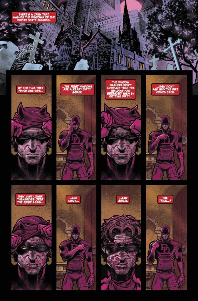 A comic strip featuring a character in a pink costume, standing in what appears to be a cemetery with skyscrapers in the background. The character reflects on window washers cleaning the Empire State Building, discussing the return of dirt and the repetitive nature of their work.