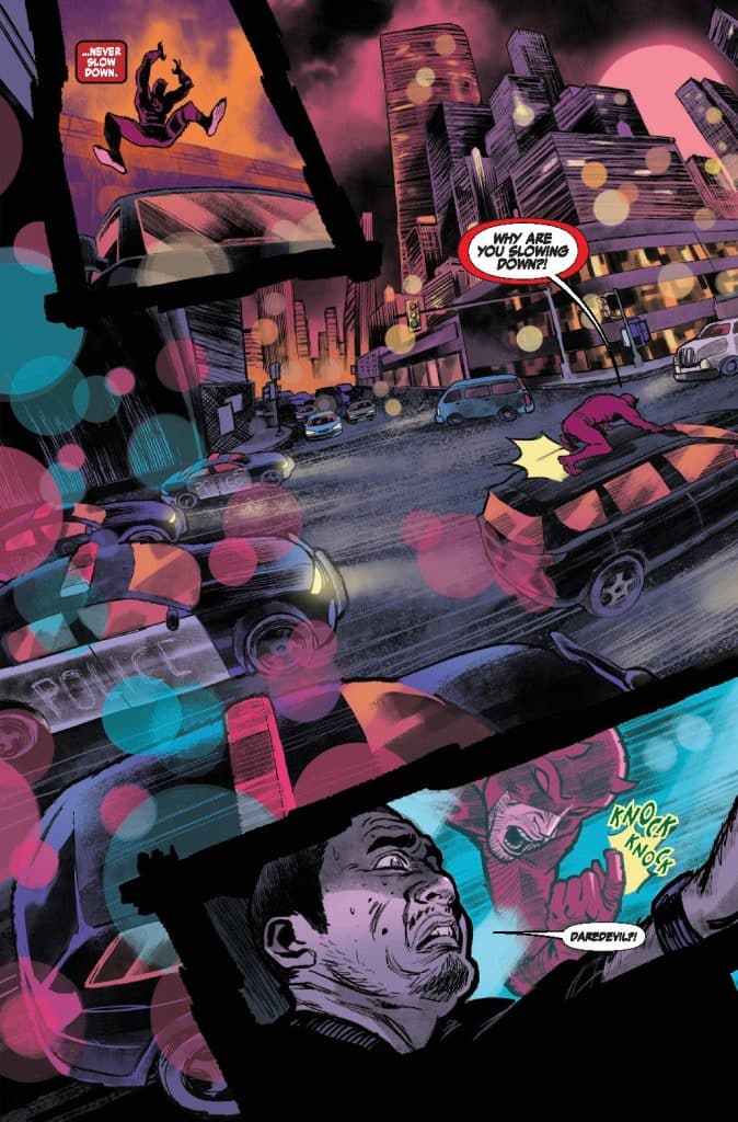 A comic book panel depicting a superhero leaping over a cityscape filled with traffic and skyscrapers. Dialogue includes a frenzied character asking why another is slowing down, while a figure resembling Daredevil is shown in a smaller panel with the phrase 'Knock knock.'
