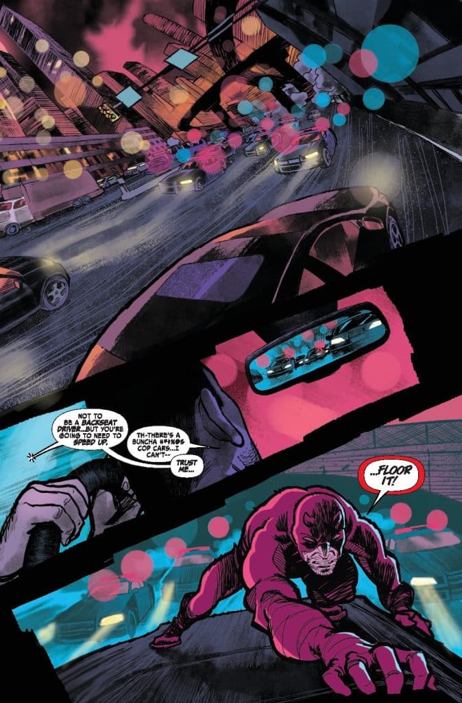 A colorful comic panel depicting a high-speed car chase at night. One character, dressed in a pink suit, is seen gripping the side of a car while urging the driver to accelerate. The background features stylized city lights and other vehicles in motion.