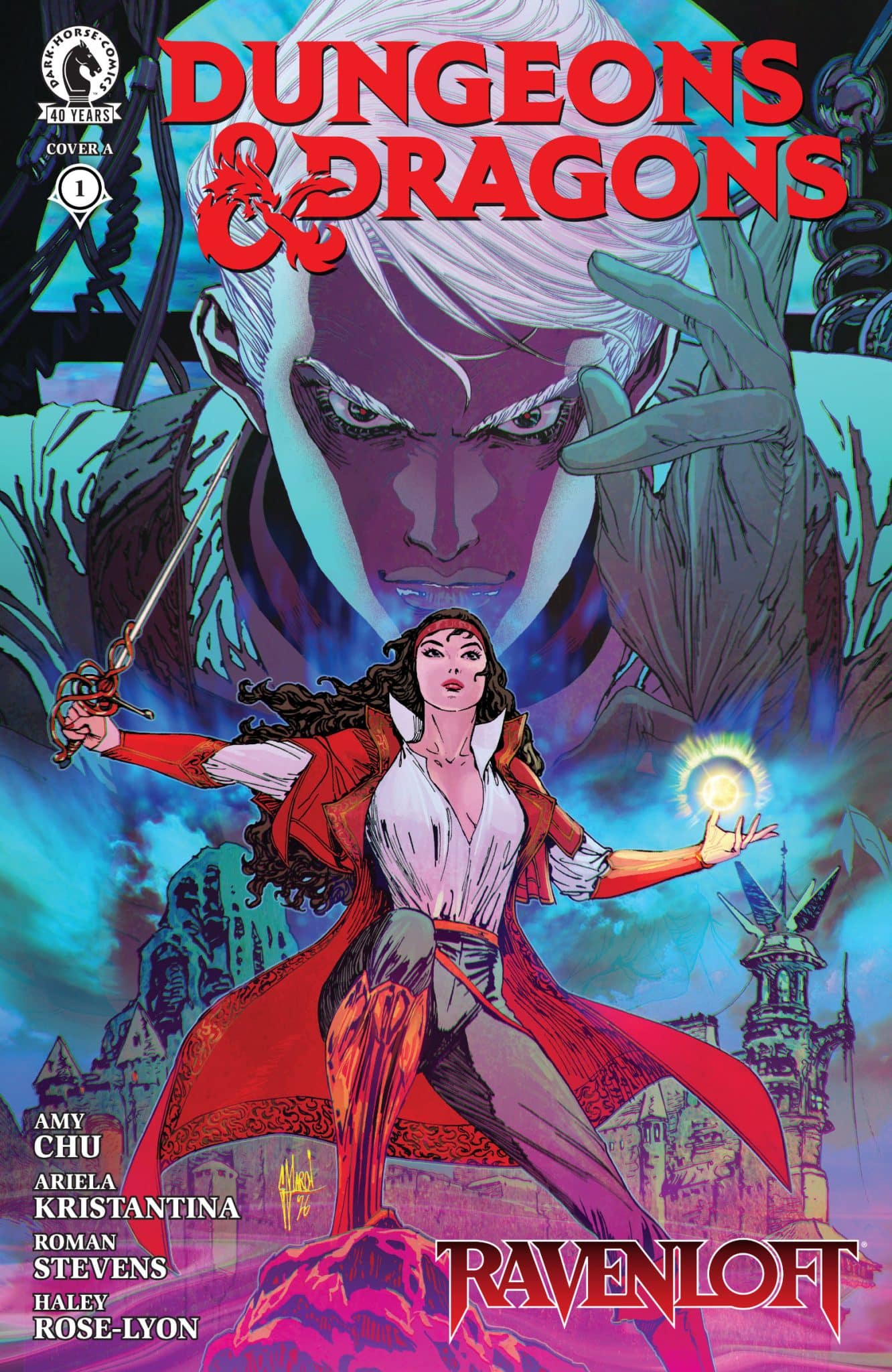 Cover of Dungeons & Dragons: Ravenloft comic book featuring a dramatic illustration of a woman in a red coat casting magic, with a dark, gothic backdrop and eerie architecture.