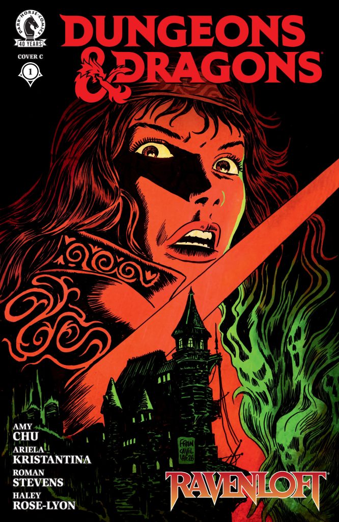 Cover of the Dungeons & Dragons comic titled Ravenloft, featuring a woman with a mask and sword, alongside a dark castle and mystical green smoke.