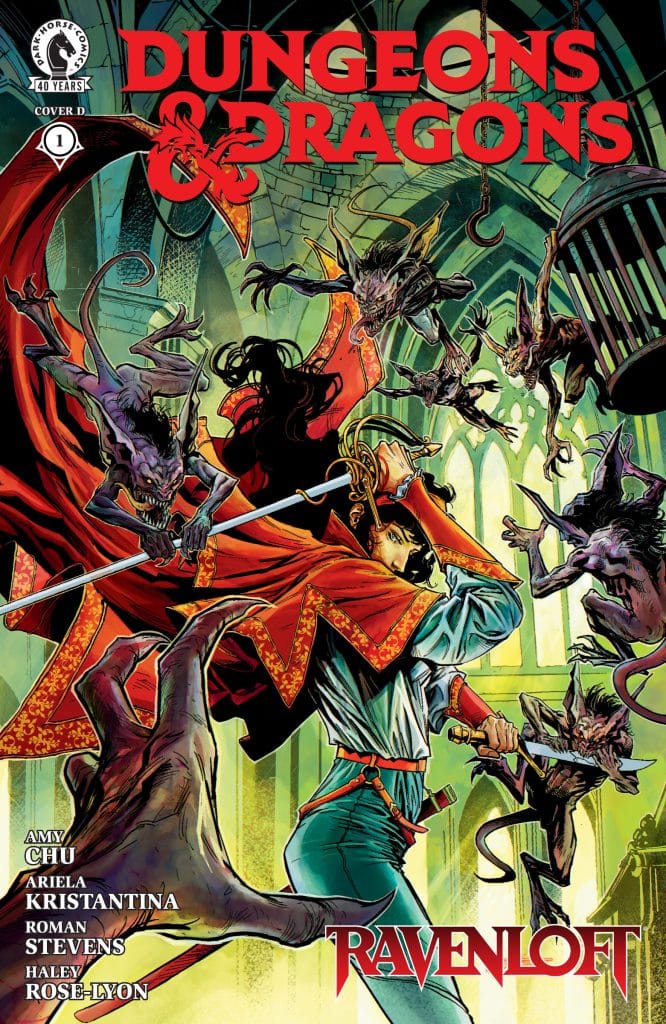 Cover artwork for Dungeons & Dragons: Ravenloft comic, featuring a heroic character wielding a sword in a gothic interior, confronting monstrous creatures.